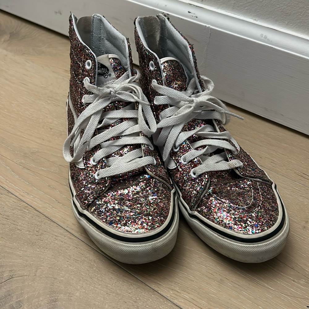 Vans Women sz 7.5 Sk8 Hi Pink Multi Rainbow Chunky Glitter Zip Back High Top